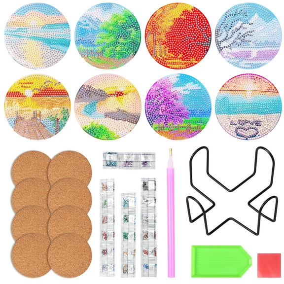 FUYGRCJ 8PCS Diamond Art Painting Coasters with Holder, Landscape DIY Diamond Art Paintings Coaster Kits, Drink Coasters for Birthday Presents Beginners Craft Supplies Adults