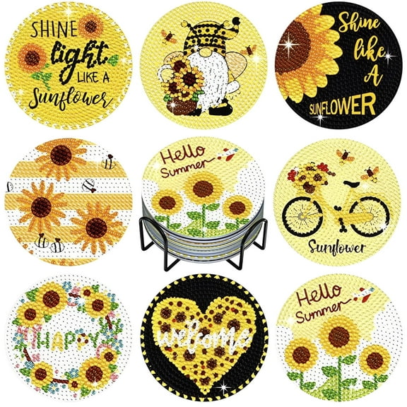 FUYGRCJ 8PCS Diamond Painting Coasters Kits DIY Diamond Dot Art Crafts Coasters Sunflower Diamond Painting Kit with Holder for Adults Kids Beginner Holiday Gifts Mothers Day