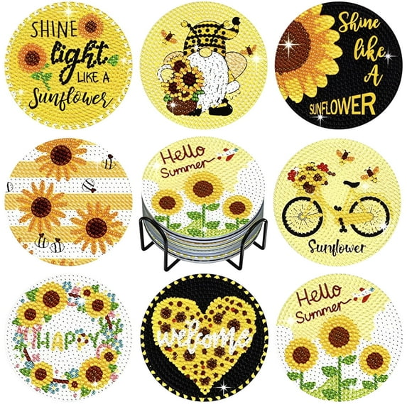 FUYGRCJ 8PCS Diamond Painting Coasters Kits DIY Diamond Dot Art Crafts Coasters Sunflower Diamond Painting Kit with Holder for Adults Kids Beginner Holiday Gifts Mothers Day