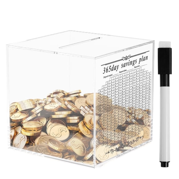 FUYGRCJ Acrylic Piggy Bank, Clear Money Saving Box, Cash Coin Collection Box, Break to Open Cash Vault and Change Saving Jar Box, Smash Box for Money Savings Challenge, 365 Days Money Saver Bank