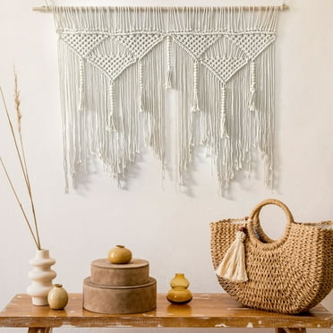 FUYGRCJ Boho Macrame Woven Tapestry Beige Wall Hanging Tapestry Handmade Cotton Tassel Tapestry Boho Chic Dream Catcher for Home Room Party Bohemian Art Decoration
