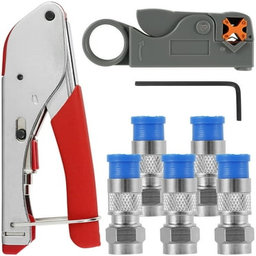 FUYGRCJ Coaxial Cable Crimper Tool Kit Professional Coaxial Compression Tool Safe Coaxial Wire Stripper with 5 F Type RG6 Compression Connectors for RG59/RG59 Quad/RG6/RG6 Quad