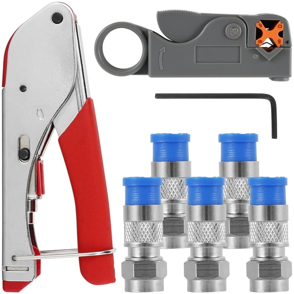 FUYGRCJ Coaxial Cable Crimper Tool Kit Professional Coaxial Compression Tool Safe Coaxial Wire Stripper with 5 F Type RG6 Compression Connectors for RG59/RG59 Quad/RG6/RG6 Quad