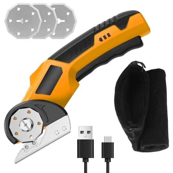 FUYGRCJ Cordless Electric Scissors with 3 Spare Blades, High Speed Cardboard Cutter, Rechargeable Rotary Cutter with Safety Lock & LED Light for Cutting of Fabric, Leather, Carpet, Plastic