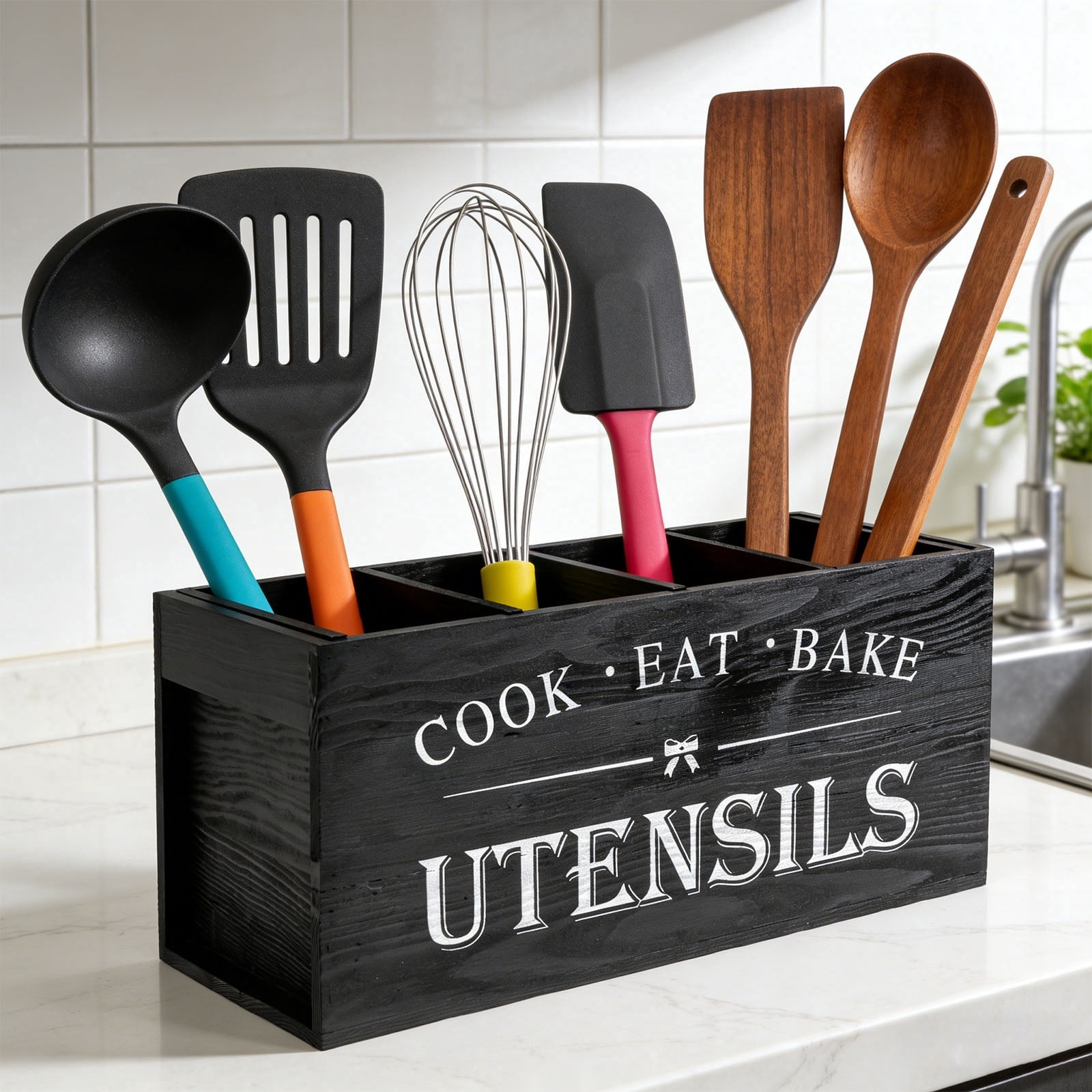 FUYGRCJ Detachable Wooden Utensil Holder, 15.6 x 7 x 5.8inch Extra Large Utensil Organizer with 4 Compartments, Kitchen Cooking Utensil Caddy, Acacia Wood Silverware Storage Container for Countertop