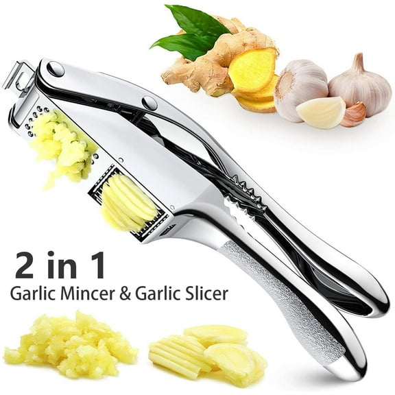 FUYGRCJ Garlic Press Garlic Press Slicer Stainless Steel 2 in 1 Garlic Mincer Dual Function Garlic Crusher Professional Handheld Garlic Squeezer Tool with Anti-Slip Handle for Home Kitchen
