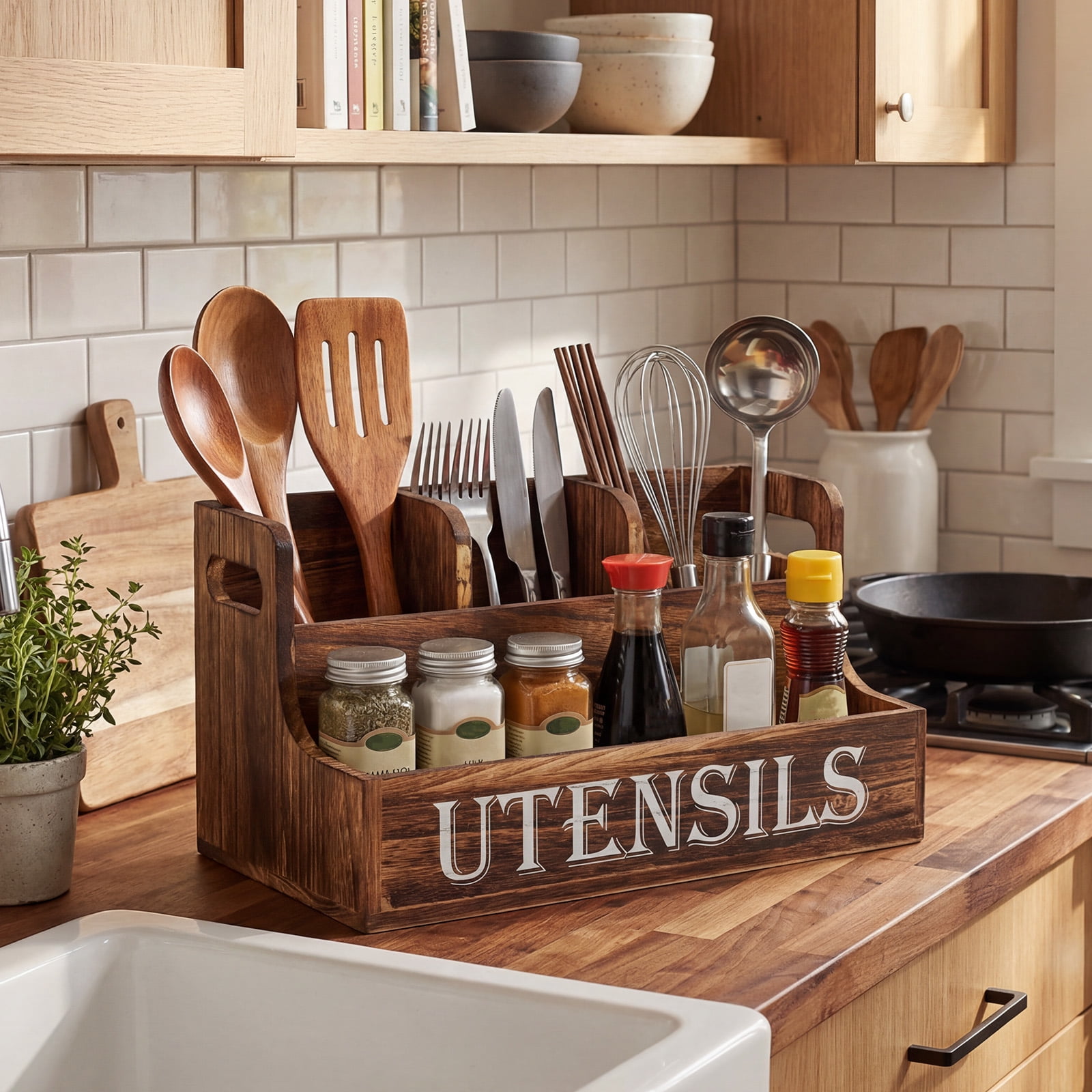 FUYGRCJ Innovation 2 Layers Kitchen Utensil Holder, Extra Large Wooden Utensil Organizer with 4 Compartments, Rustic Cooking Utensil Spatula Caddy for Silverware, Spoons, Cooking Tools Spice Storage