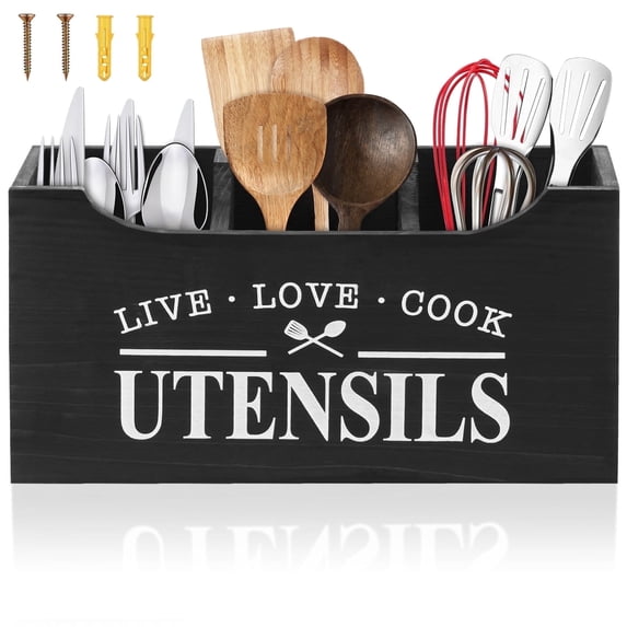 FUYGRCJ Kitchen Utensil Holder with Drainage Bottom, 3 Compartments Solid Real Wood Utensil Organizer for Kitchen Counter, Farmhouse Cooking Tools Storage for Home Countertop