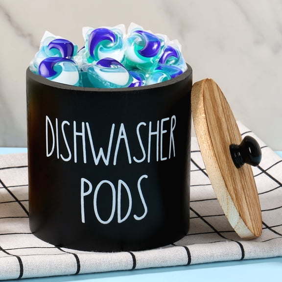 FUYGRCJ Laundry Pods Containers, Wood Laundry Detergent Pods Container with Lid, Round Dishwasher Pods Holder, Dishwasher Tablet Container for Kitchen Decor and Accessories, 4.7×4.7×5.1in