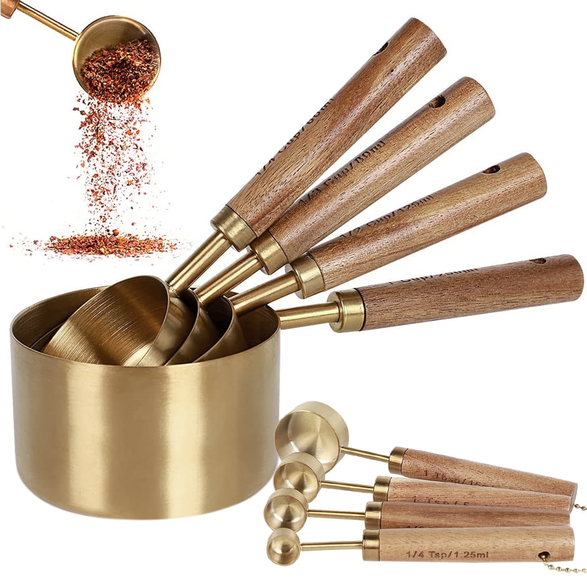 FUYGRCJ Measuring spoons and cups gold of 8, Wood Handle with Metric ...