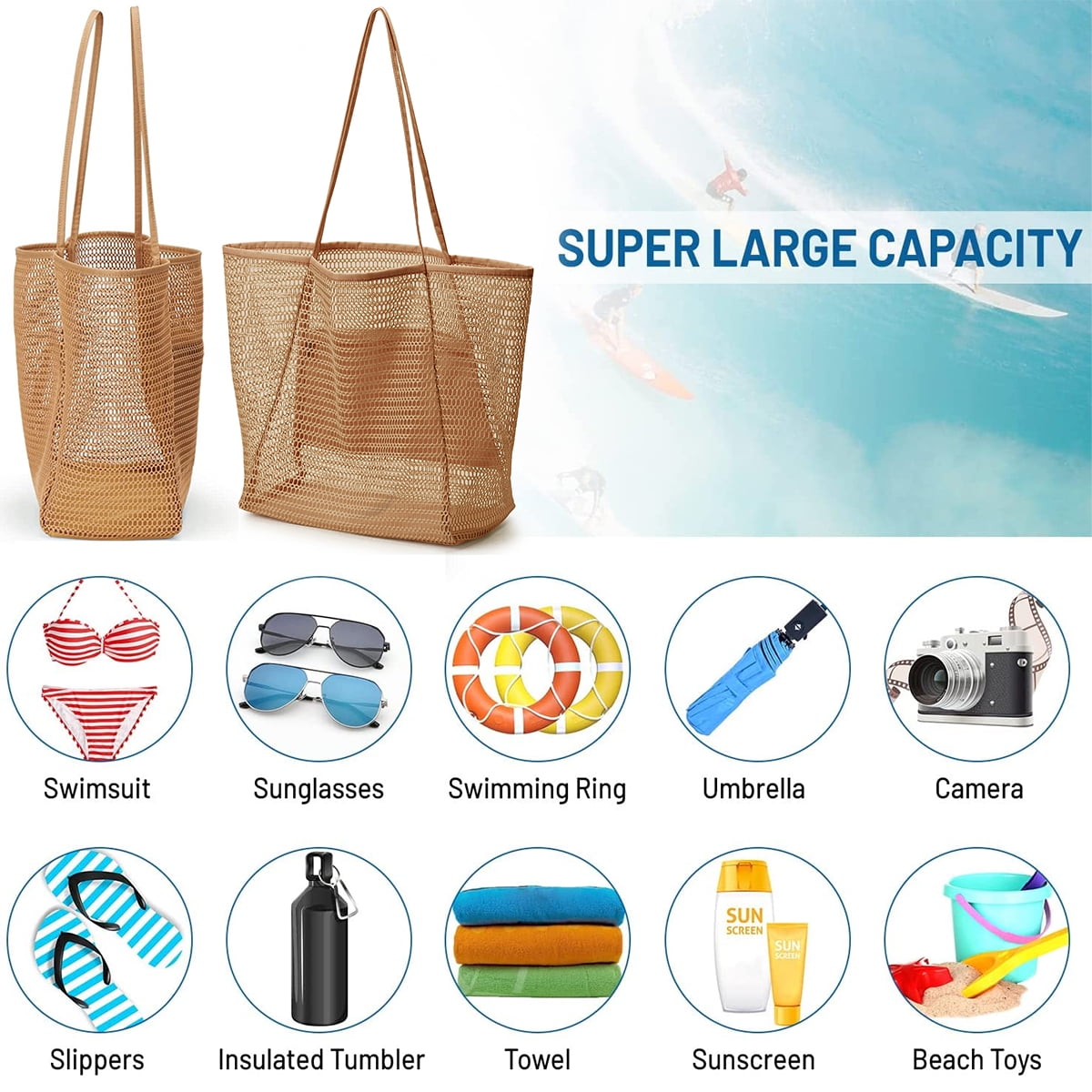 FUYGRCJ Mesh Tote Bag Large Mesh Beach Bag Reusable Beach Bag