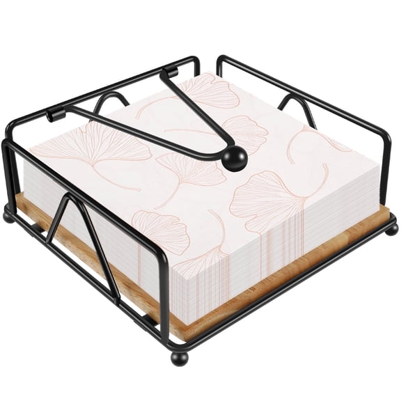 FUYGRCJ Napkin Holder for Table,Metal Kitchen Napkin Holder with Weighted Tension Arm,Standing Napkin Holders for Paper Napkins with Wood Base,7×7×2.8 Inch