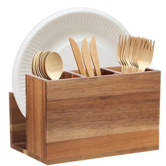 FUYGRCJ Silverware Caddy, Wooden Utensil Holder with Napkin Holder, 3 Compartment Cutlery Organizer with Upright Napkin Storage Dispenser, Countertop Paper Plate Organizer for Plate, Cup, Fork, Spoon