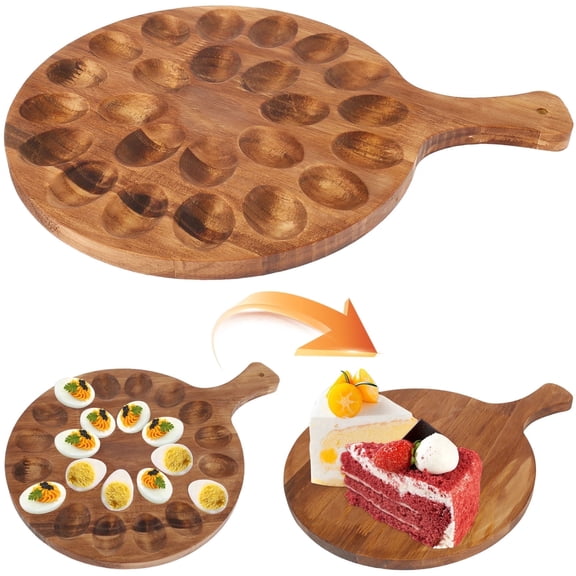 FUYGRCJ Acacia Wood Deviled Egg Platter, 24 Holes Deviled Egg Tray, Round Serving Tray Board Holder for Deviled Eggs, Charcuterie Board Easter Deviled Egg Carrier for Kitchen Countertops