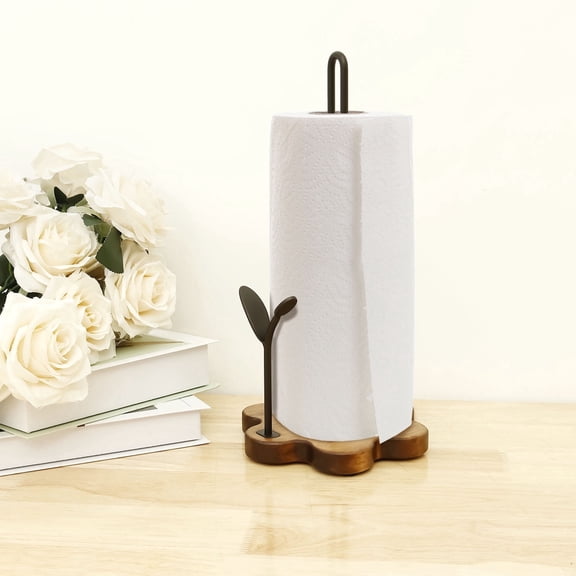 Paper Towel Holder Countertop, Standing Kitchen Roll Dispenser with Decorative Floral Base, Heavy Duty Farmhouse Towel Stand Organizer with Dual Iron Rods, Anti Slip Weighted Base