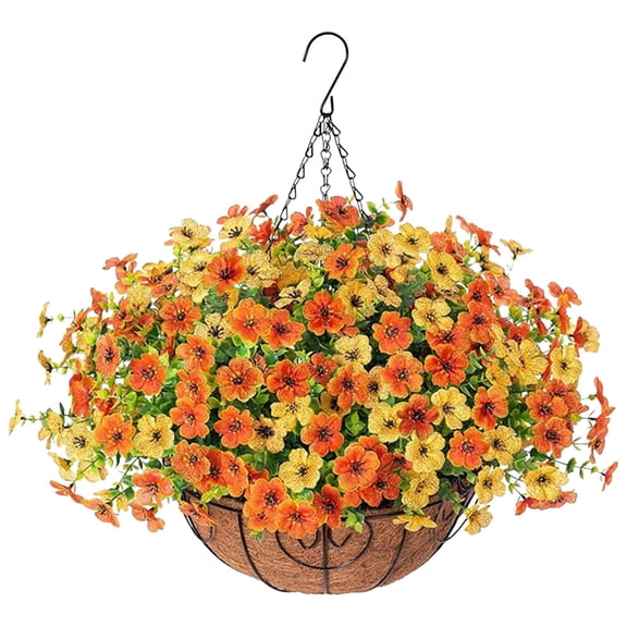 FUYPSE 2026 New Arrivals Artificial Fake Hanging Mums Plants Flowers Basket for Fall Autumn Outdoor Decor, Faux Silk orange Dasiy Flower Look Real Uv Resistant for Outside Home Garden Decoration