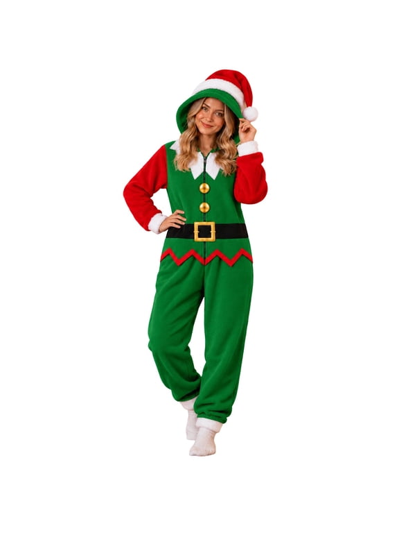 Adult Elf Onesie Outfit, Full Zip Hooded Jumpsuit with Belt, Christmas Party Outfit Festival Outfits for Grown-Up
