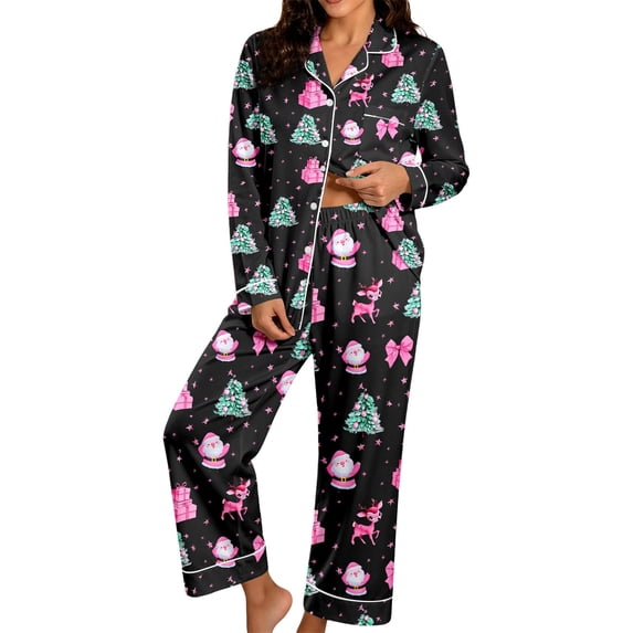 FUYUDY Christmas Pajama Set Women Santa Reindeer Tree Gift Box Bow Star ...