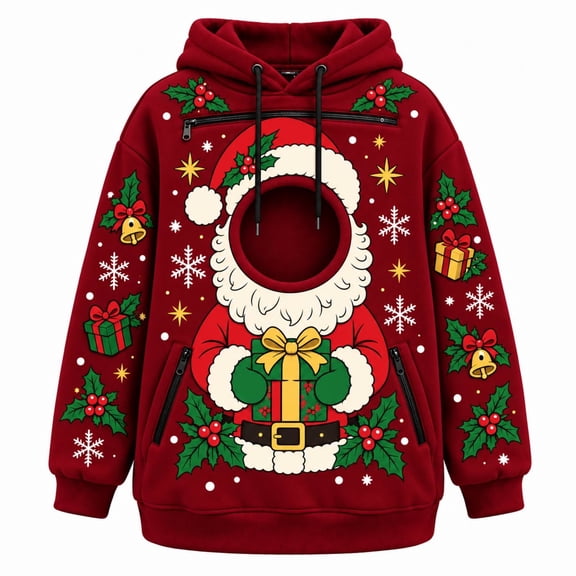 FUYUDY Pet Carrier Hoodie for Women Men Christmas Graphic Print Sweatshirt Oversized Long Sleeve Pullover With Zipper Pockets For Dogs