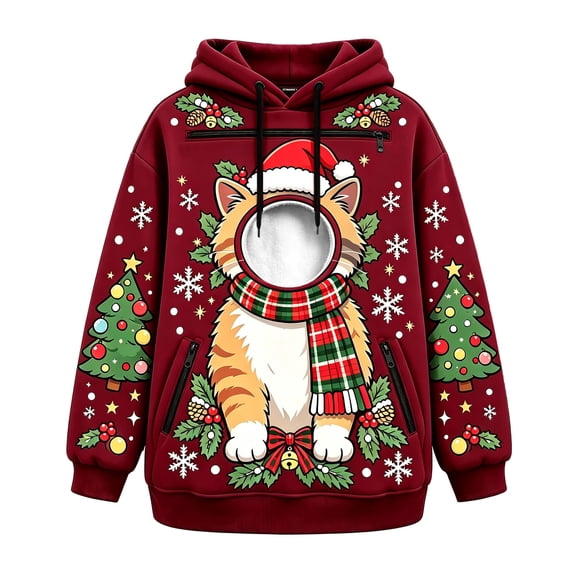 FUYUDY Pet Carrier Sweatshirt for Women Christmas Pet Carrying Hoodie Long Sleeve Pullover With Zipper Pockets For Cats