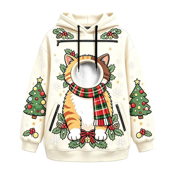 FUYUDY Pet Pouch Hoodie Christmas Graphic Print Unisex Sweatshirt Oversized Long Sleeve Pullover With Zipper Pockets For Cat