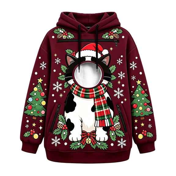 FUYUDY Pet Pouch Hoodie Christmas Graphic Print Unisex Sweatshirt Oversized Long Sleeve Pullover With Zipper Pockets For Cat