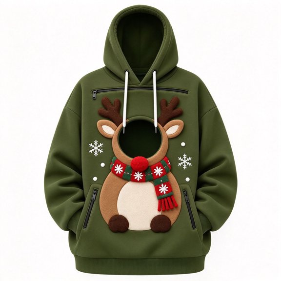 FUYUDY Pet Pouch Hoodie for Women Christmas Graphic Print Sweatshirt Oversized Long Sleeve Pullover With Zipper Pockets For Cats