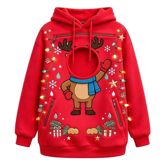 FUYUDY Pet Pouch Hoodie for Women Men Christmas Graphic Print Sweatshirt Long Sleeve Pullover With Zipper Pockets For Cat And Dogs