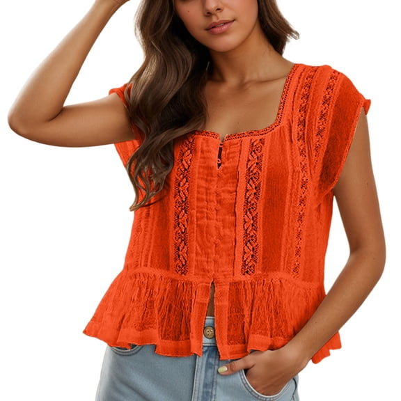 FUYUDY Shirts Women Ruffle Bow Tie Peplum Tops Boho Sheer Flowy Short Sleeve Blouse Lace Eyelet Frilly Tops Shirt Comfort Female Solid Color Dailywear