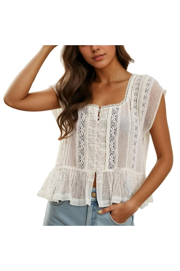 Shirts Women Ruffle Bow Tie Peplum Tops Boho Sheer Flowy Short Sleeve Blouse Lace Eyelet Frilly Tops Shirt Soft Female Solid Color Dailywear