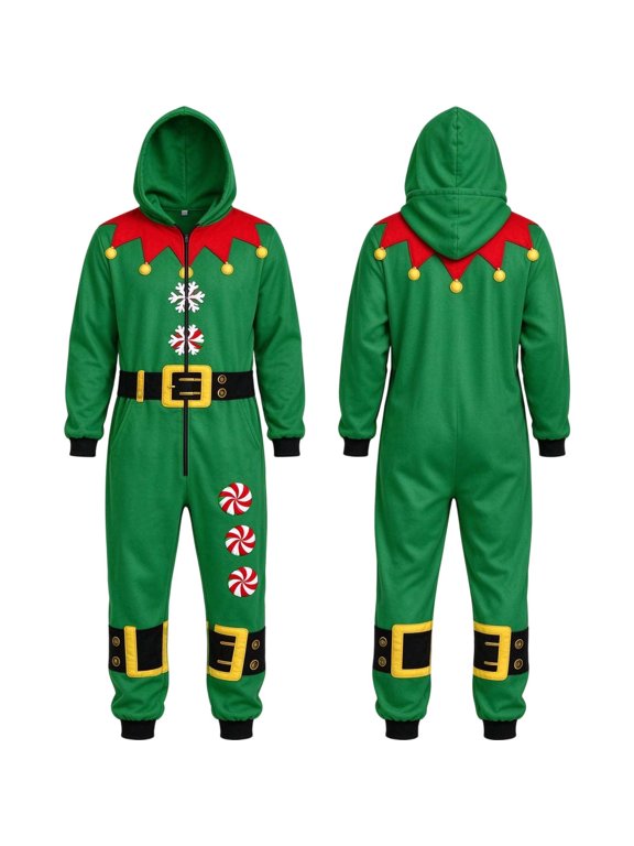 Unisex Christmas Casual Jumpsuit Loose Fit with Full Front Zipper & Kangaroo Pocket, Elf with Golden Bells, Candy Cane and Snowflake Printed Design Christmas Casual Overalls