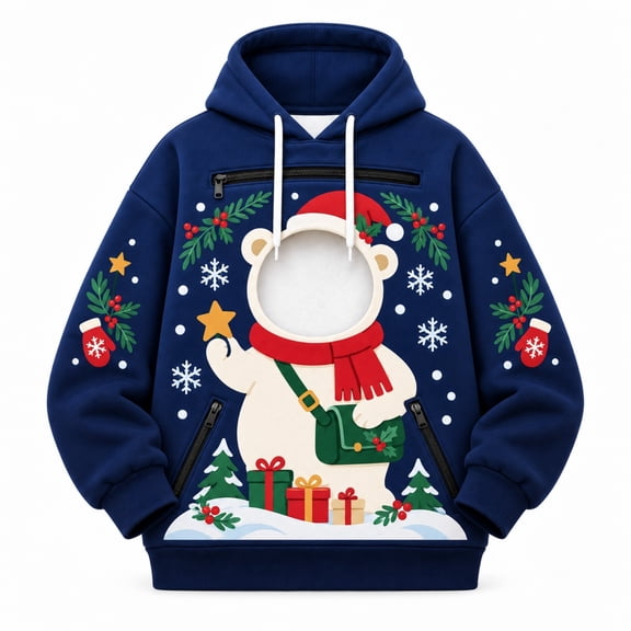 FUYUDY Unisex Pet Carrier Sweatshirt Christmas Pet Carrying Hoodie Long Sleeve Pullover With Zipper Pockets For Cats