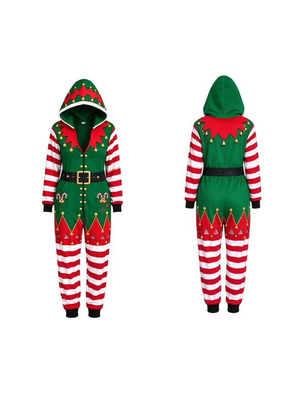 Unisex Winter Festive Jumpsuit Roomy Loose Fit with Full Front Zipper & Kangaroo Pocket, Christmas Elf with Bells, Belt and Red White Striped Sleeve Printed Design Winter Festive One-Pieces