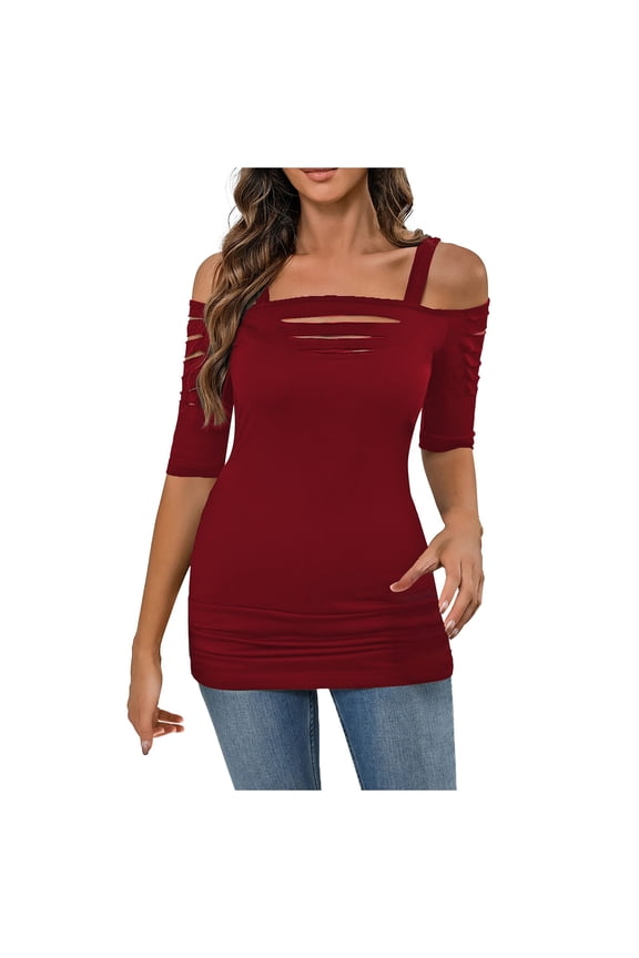 Women Blouse Fashion Shoulder Shear Split Five Sleeves Slim Fit Sexy Hollow Design Long Tops Breathable Female Solid Color Dailywear