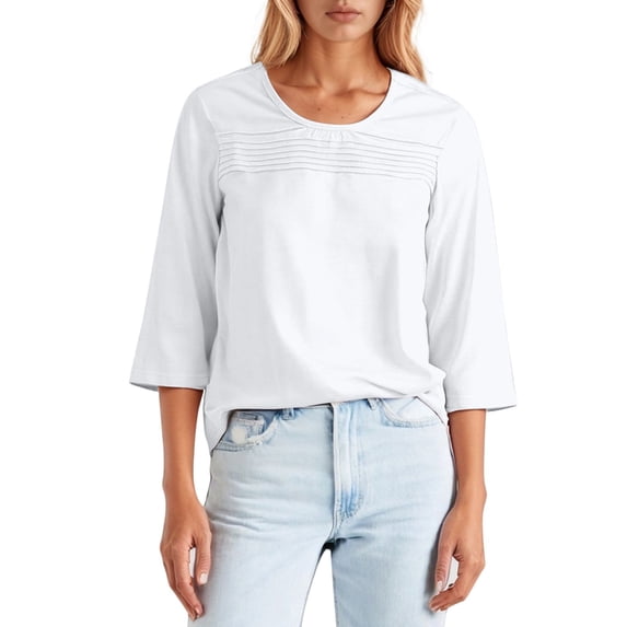 FUYUDY Women Blouse Round Neck 3/4 Sleeve Pleated Front Line T Shirt Breathable Female Solid Color Tops