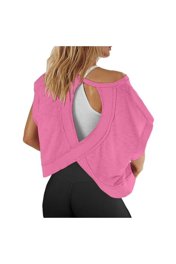 Women Blouse Short Sleeve Workout Shirts Open Back Tops Casual Yoga Athletic Gym Slouchy Crop Running Tees Soft Female Solid Color Dailywear