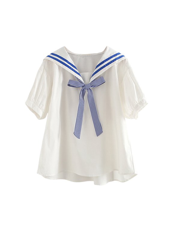 Women Blouse Summer Cotton Sweet Cute Stytle Relaxed Fit Short Sleeve Sailor Collar Shirt With Bow Tie Design Comfort Fit Versatile Tee Top For Ladies Casual Daily Wear,Blue,One Size