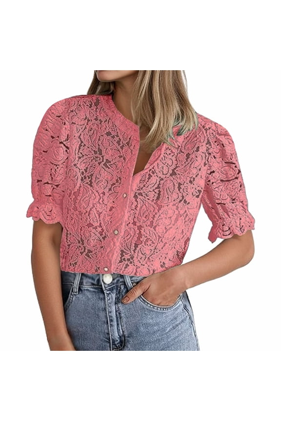 Women Blouse Summer Stylish Elegant Relaxed Fit Half Sleeve Solid Color V Neck Button Up Cardigan Trendy Lace Breathable Comfortable Top For Ladies Casual Daily Wear,Red,S