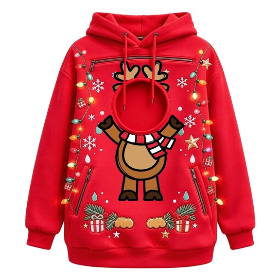 FUYUDY Women Men Pet Carrier Hoodie Christmas Graphic Print Sweatshirt Oversized Long Sleeve Pullover With Zipper Pockets For Cat