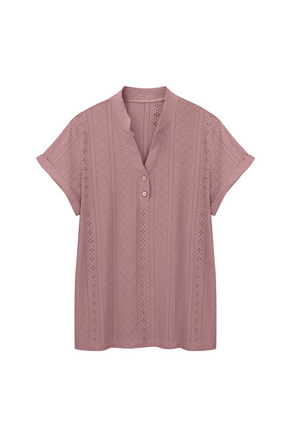 Women'S Blouse Elegant Courtly Lattice Neck Short Sleeve Loose Button Down Simple Solid Color Female Top Casual Versatile Everyday Wear And Dressy T Shirt,Pink,XXXL