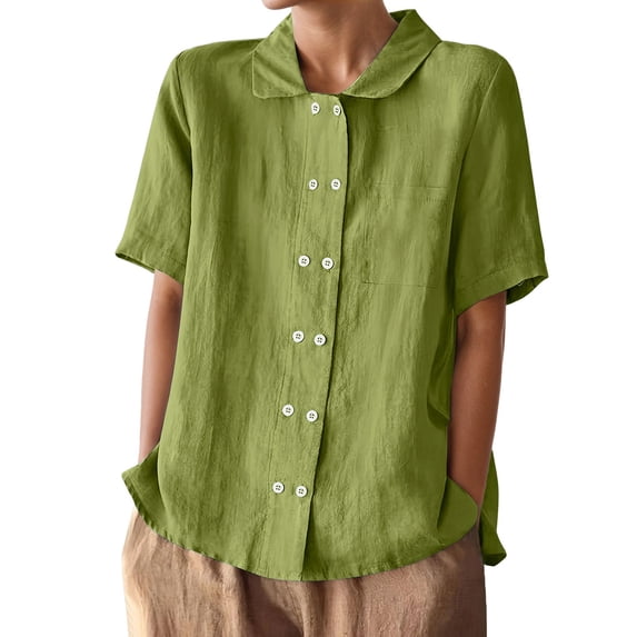 FUYUDY Women'S Linen Blouse Short Sleeve Loose Fit Solid Color Double Open Front Lapel Shirt Comfortable Breathable Female Top For Summer Beach And Daily Wear,Green,L