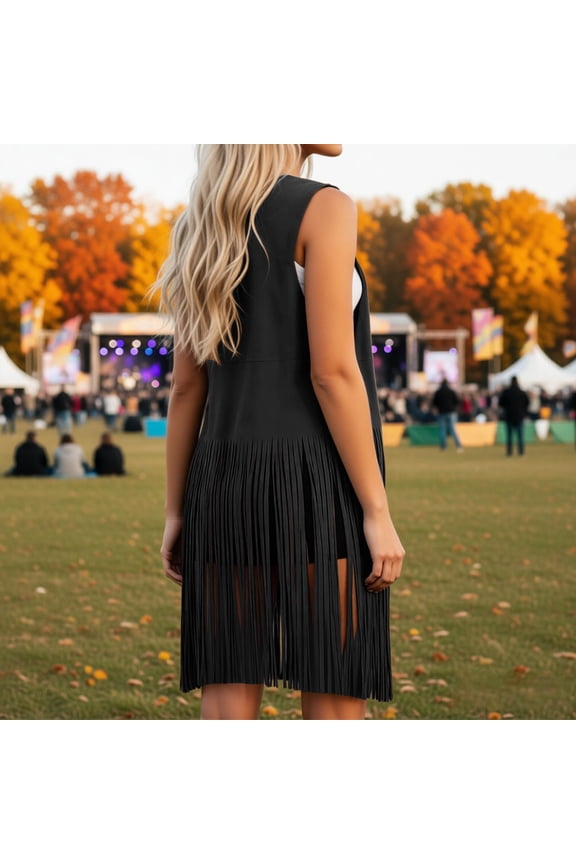 Women'S Long Vest With Fringe Shawl Wrap Asymmetrical Hem Sleeveless Crew Neck Solid Color Open Front Cardigan Coat Stylish Versatile Female Top For Lightweight Layering,Black,S