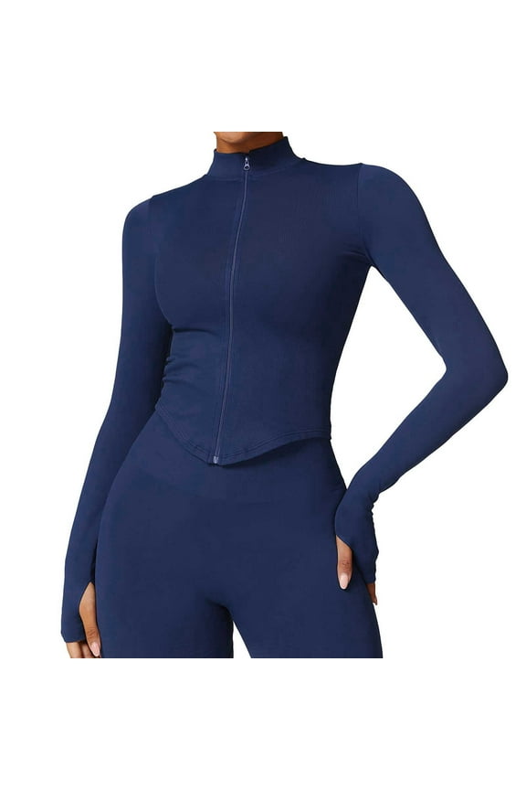 Women'S Shirt Seamless Ribbed Workout Sets With Zip Up Jacket High Waisted Gym Yoga Leggings Suitable For Daily Exercise,Navy,M