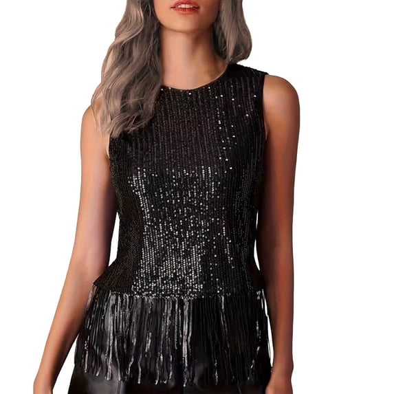 FUYUDY Women’S Shirt Sequin Fringe Top Sparkly Party Stylish Tank Top Tassel Trim,Black,L