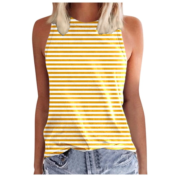 FUYUDY Women'S Tank Top Fashion Casual Slim Fit Striped Sleeveless Crew Neck Vest Soft Comfortable Breathable Female Camisole For Daily Wear And Layering,Yellow,XXXXXL