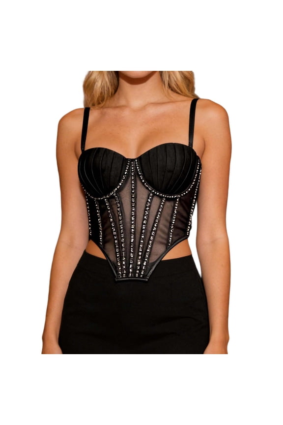 Women'S Tank Top Sexy Mesh Shining Rhinestone Detachable Straps Bustier With Built In Bra Stylish Versatile Female Camisole For Shapewear And Outerwear,Black,38