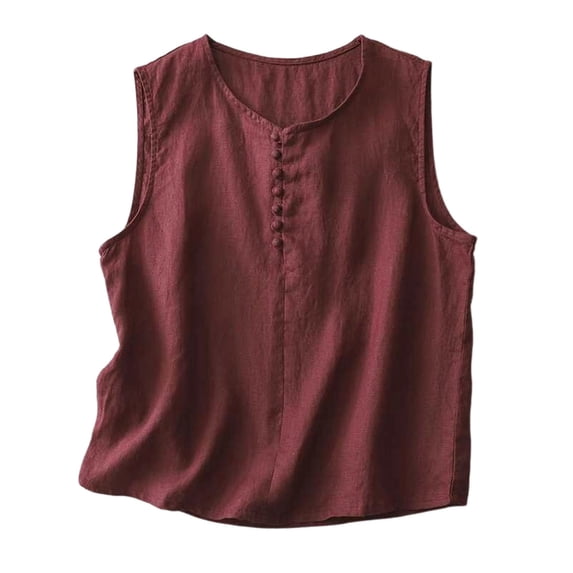 FUYUDY Women'S Tank Top Summer Loose Fit Sleeveless Crew Neck Solid Color Tank Top Casual Knit With Knot Button Design Soft Breathable Female Camisole For Layering And Outerwear,Red,L
