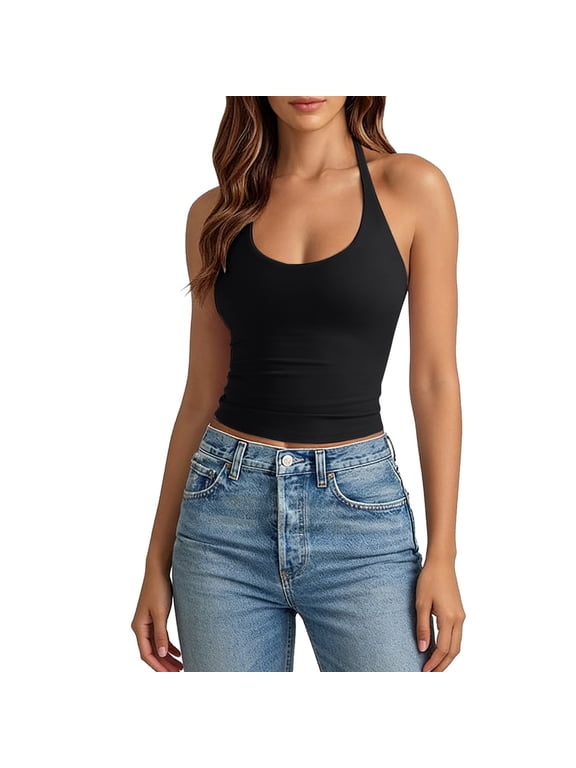 Women'S Tank Top Summer Slim Fit Halter Neck Solid Color Sleeveless Vest Comfortable Versatile Camisole For Ladies Casual Daily Wear And Layering,Black,S