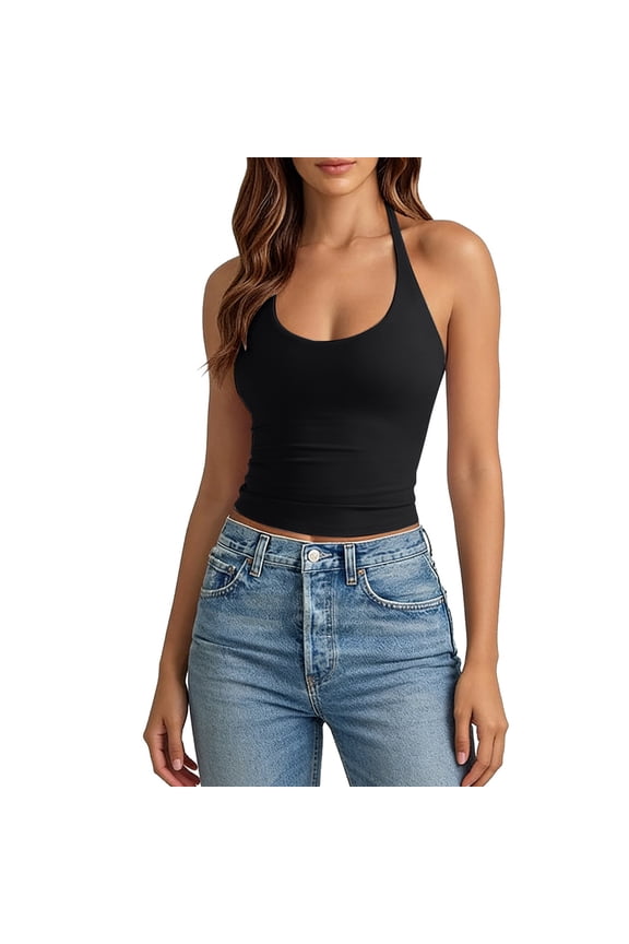 Women'S Tank Top Summer Slim Fit Halter Neck Solid Color Sleeveless Vest Comfortable Versatile Camisole For Ladies Casual Daily Wear And Layering,Black,S