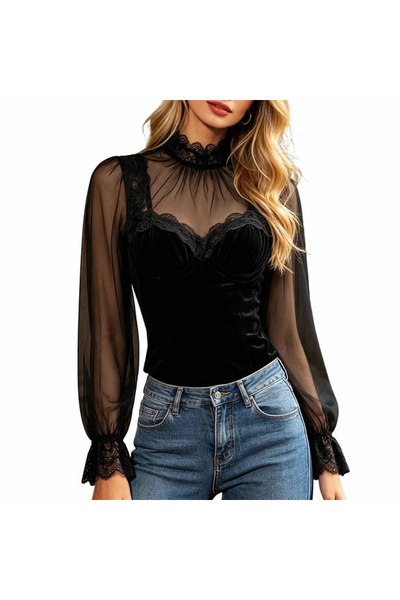 Women Shirt Summer Fashion Sexy Mock Neck Short Sleeve Lace Mesh Hollow Out Yoke Blouse Stylish Versatile Female Top For Everyday Wear,Black,XS